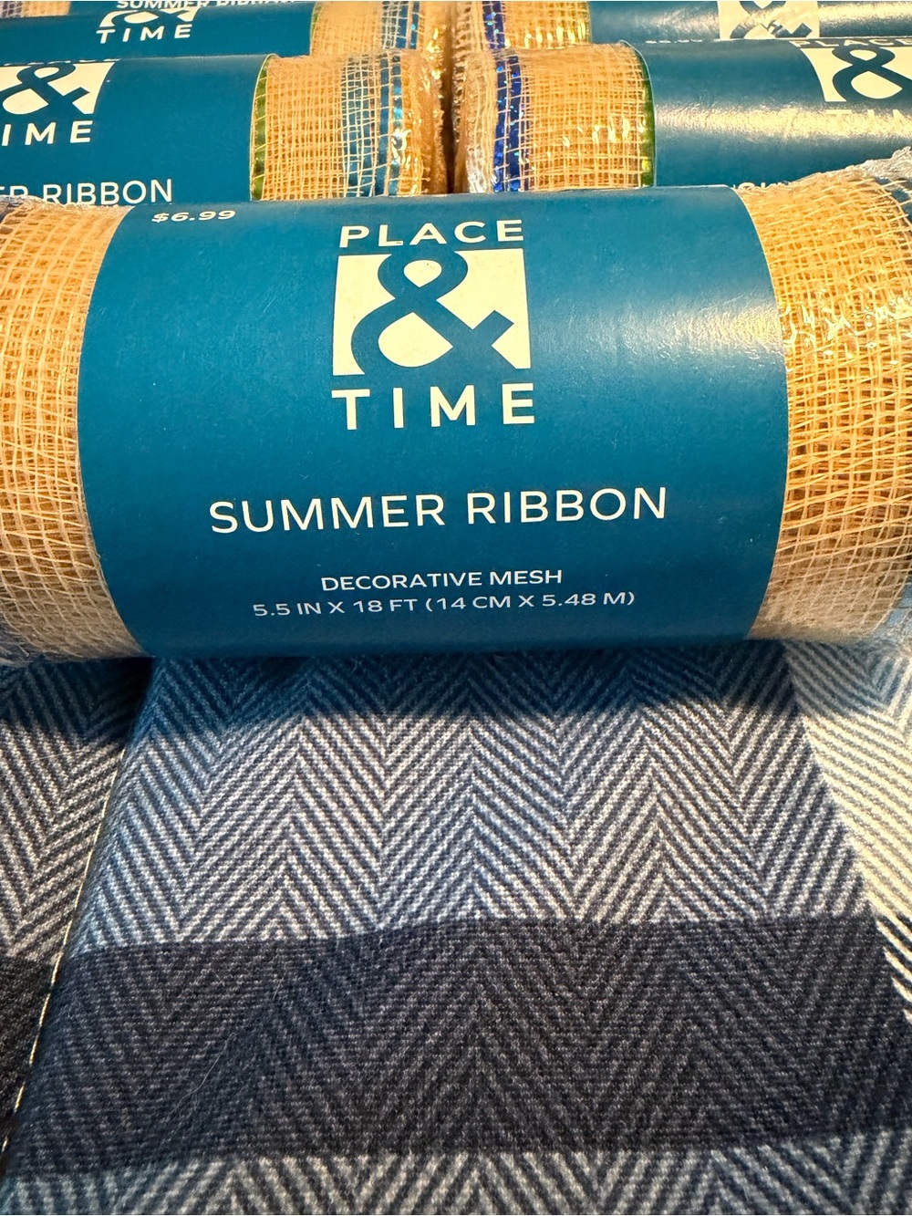 Place & Time Summer Decorative Mesh Ribbon - Beige with Teal Label